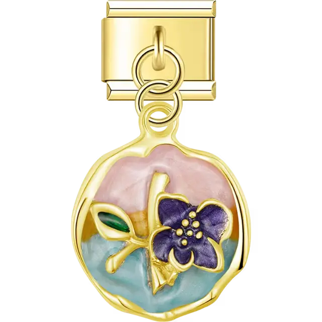 Gold round pendant with purple flower, green leaf, and multicolored enamel background dangle Italian charm bracelet link