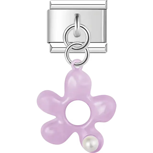 Purple flower shape with pearl accent dangle Italian charm bracelet link