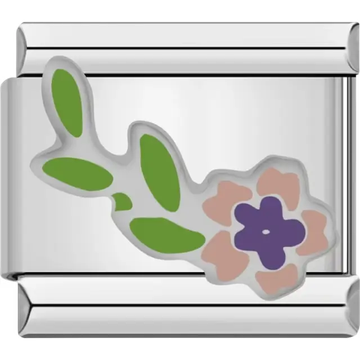 Purple flower with a green stem and pastel pink petals Italian charm bracelet link