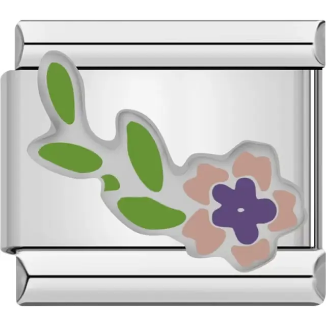 Purple flower with a green stem and pastel pink petals Italian charm bracelet link