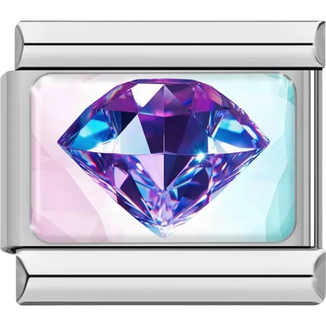 Faceted purple and blue gem diamond on a light blue and pink gradient background Italian charm bracelet link