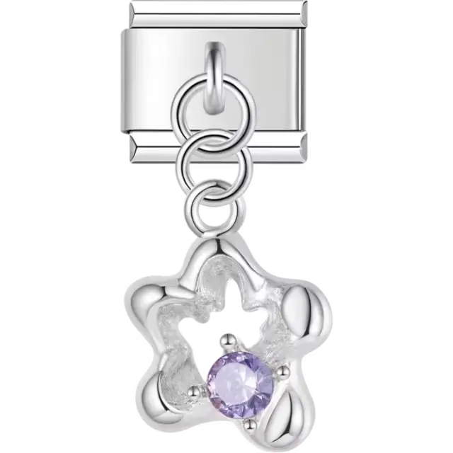 Open flower shape with a purple gemstone centerpiece dangle Italian charm bracelet link