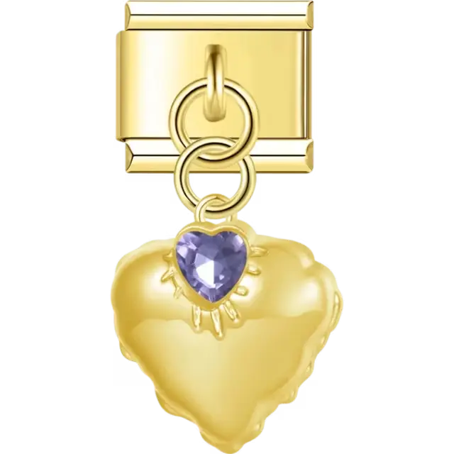 Heart with purple faceted gem design dangle Italian charm bracelet link