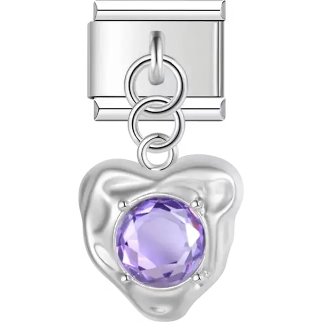 Heart-shaped charm with a purple faceted gem centerpiece dangle Italian charm bracelet link