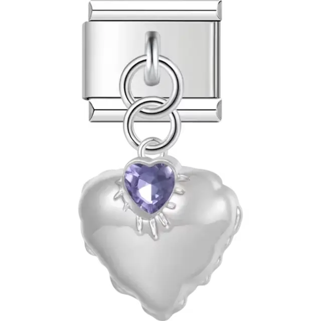 Heart with purple faceted gem design dangle Italian charm bracelet link