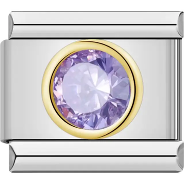 Round purple gemstone framed in gold-tone detail Italian charm bracelet link