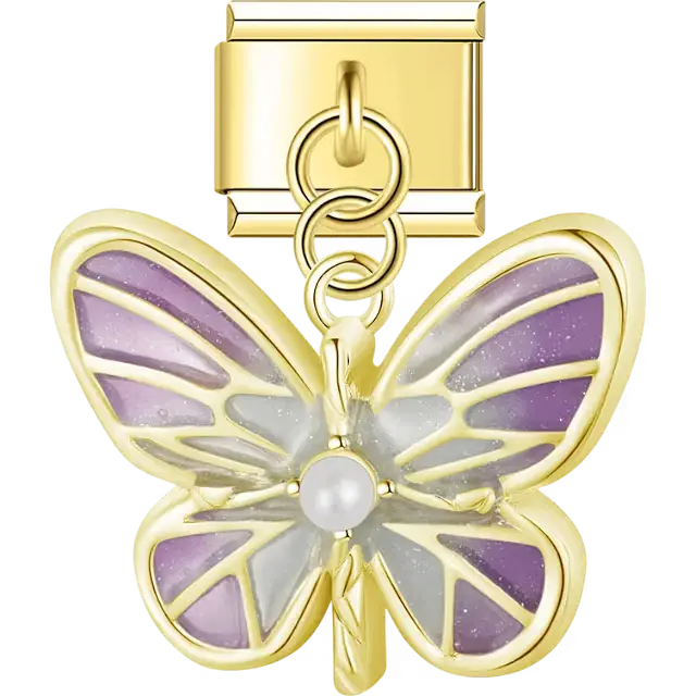 Gold trim butterfly with purple glitter enamel wings and pearl accent Italian charm bracelet link