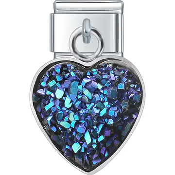 Heart-shaped purple glitter dangle Italian charm bracelet link