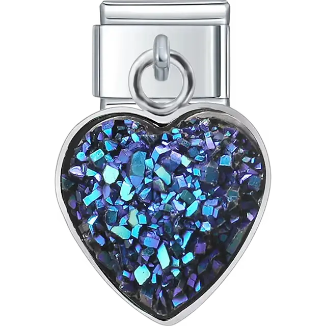 Heart-shaped purple glitter dangle Italian charm bracelet link