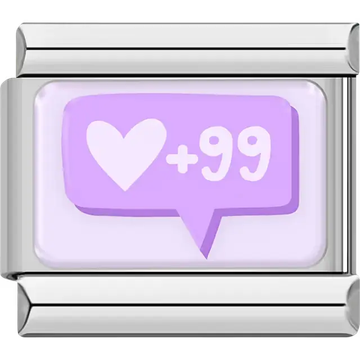 Purple speech bubble with heart and "+99" design on light purple background Italian charm bracelet link