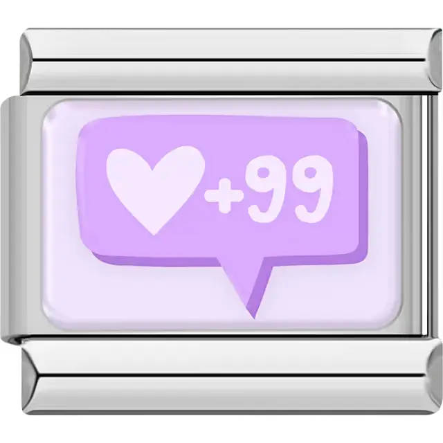 Purple speech bubble with heart and "+99" design on light purple background Italian charm bracelet link