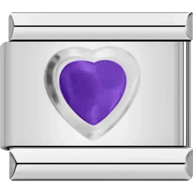 Silver heart with purple fill Italian charm bracelet link