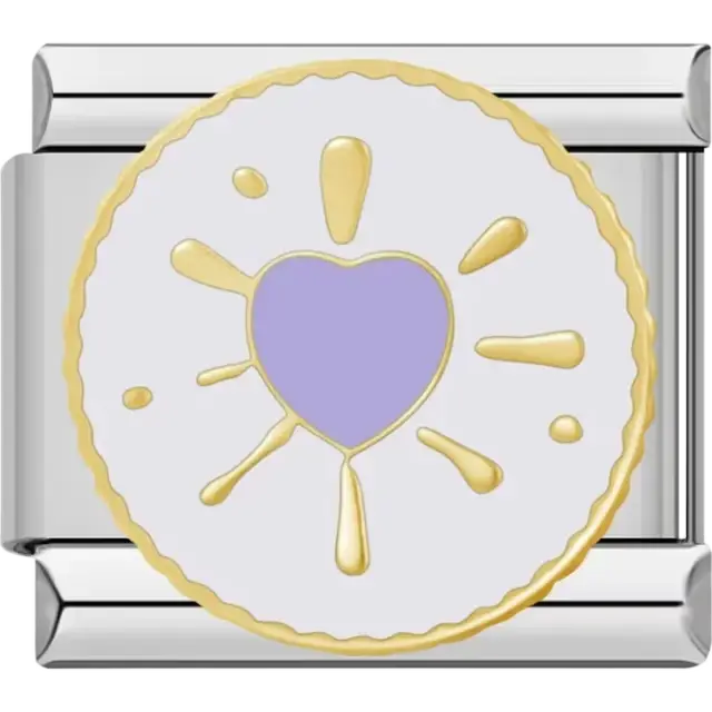 Purple heart surrounded by golden bursts and a scalloped gold border Italian charm bracelet link