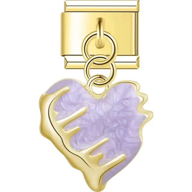 Gold trim heart with textured purple enamel Italian charm bracelet link