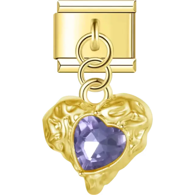 Purple faceted heart-shaped gem dangle Italian charm bracelet link