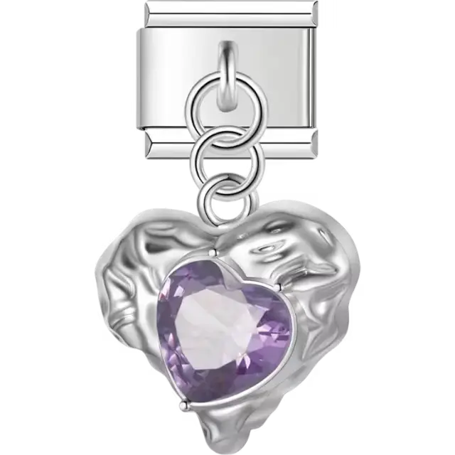 Purple faceted heart-shaped gem dangle Italian charm bracelet link
