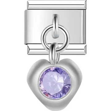 Purple gemstone heart-shaped dangle Italian charm bracelet link
