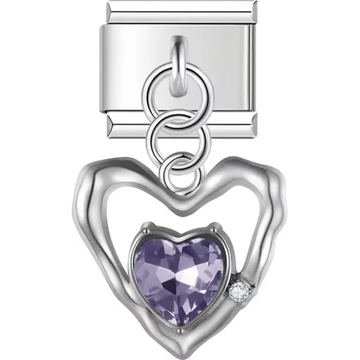 Open heart with purple gemstone center and small clear crystal accent dangle Italian charm bracelet link