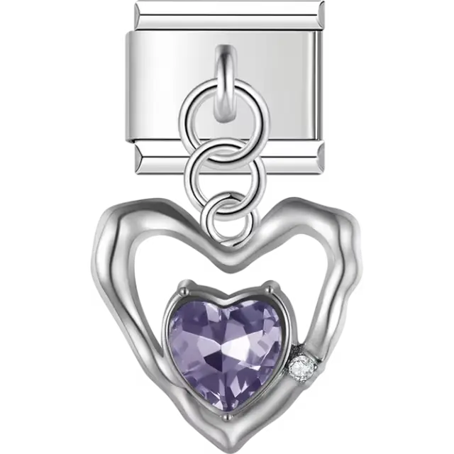 Open heart with purple gemstone center and small clear crystal accent dangle Italian charm bracelet link