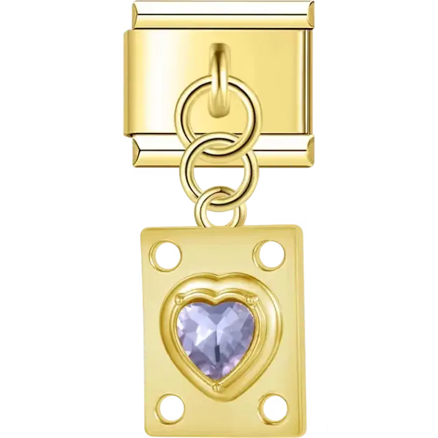 Purple heart gemstone on rectangular shape with circular cutout accents Italian charm bracelet link