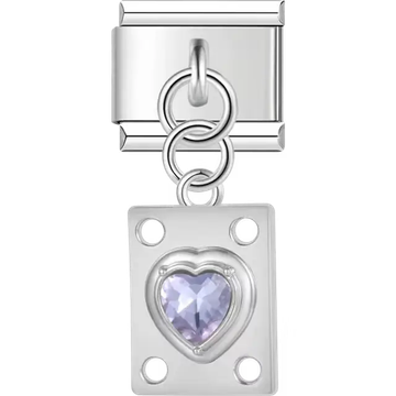 Purple heart gemstone on rectangular shape with circular cutout accents Italian charm bracelet link