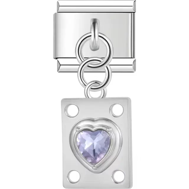 Purple heart gemstone on rectangular shape with circular cutout accents Italian charm bracelet link