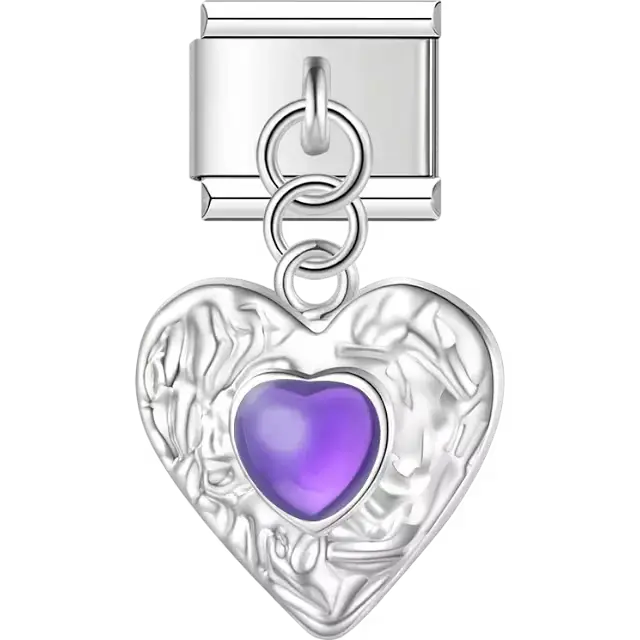 Textured heart with purple heart center dangle Italian charm bracelet link