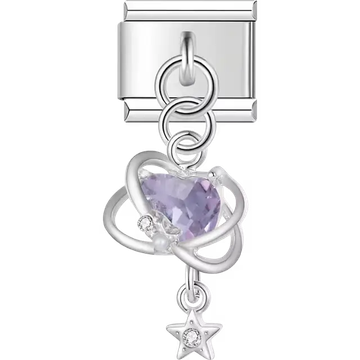 Silver frame purple heart crystal star dangle Italian charm bracelet link