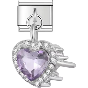 Purple heart-shaped gemstone with clear gemstone border and dangle loop detail Italian charm bracelet link