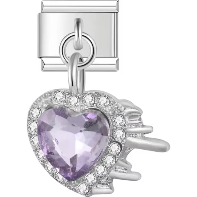 Purple heart-shaped gemstone with clear gemstone border and dangle loop detail Italian charm bracelet link