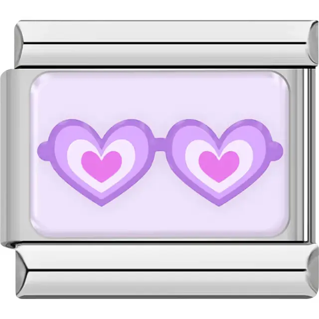 Purple heart-shaped glasses with pink hearts on light purple background Italian charm bracelet link