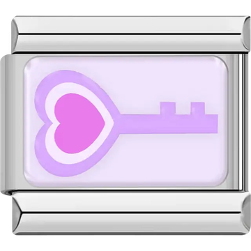 Purple heart-shaped key design on light purple background Italian charm bracelet link