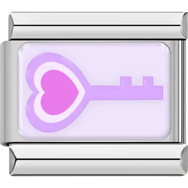 Purple heart-shaped key design on light purple background Italian charm bracelet link