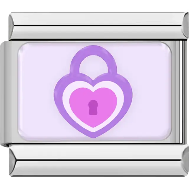 Purple heart-shaped lock with pink heart center on light purple background Italian charm bracelet link