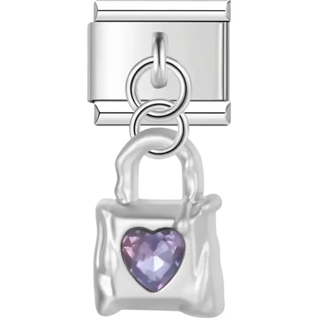 Dangle lock with a purple heart-shaped center Italian charm bracelet link