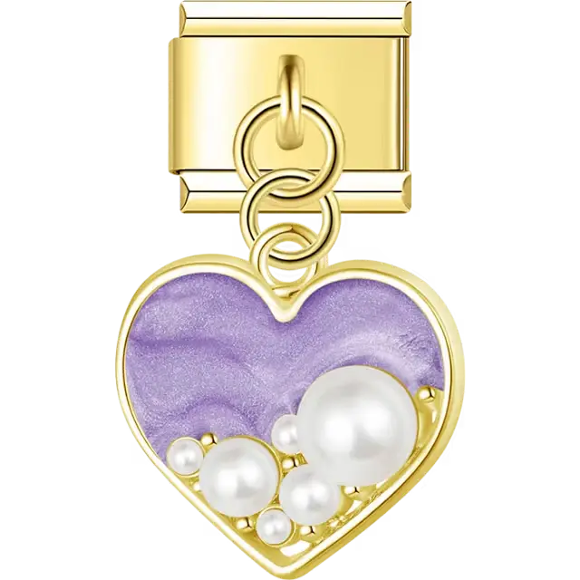 Gold outline heart with purple enamel and assorted pearls dangle Italian charm bracelet link