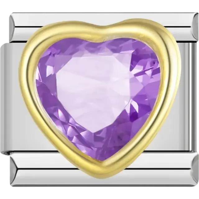 Purple heart-shaped stone with gold border Italian charm bracelet link