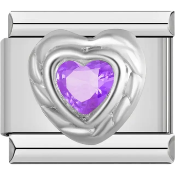 Purple heart-shaped stone with silver border Italian charm bracelet link