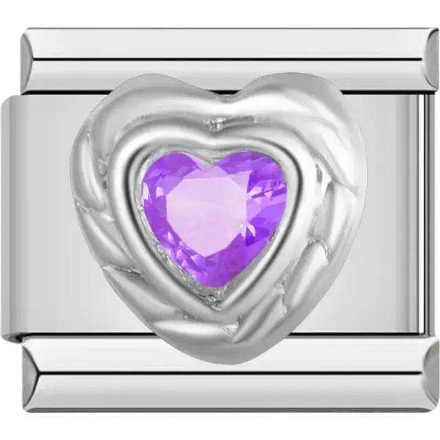 Purple heart-shaped stone with silver border Italian charm bracelet link