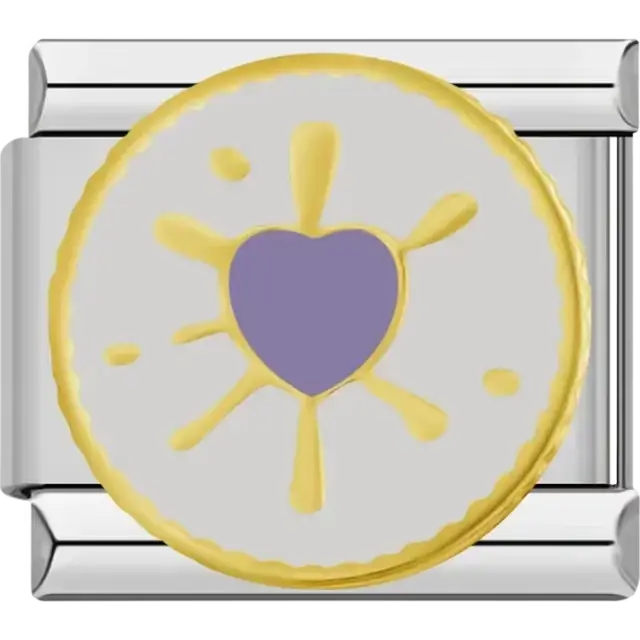 Gold sun design with a purple heart center and white background Italian charm bracelet link