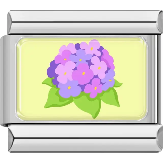 Cluster of purple and pink hydrangea flowers with green leaves on a pale yellow background Italian charm bracelet link