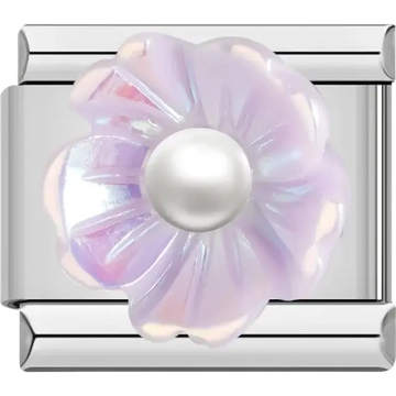 Purple iridescent flower with pearl center Italian charm bracelet link
