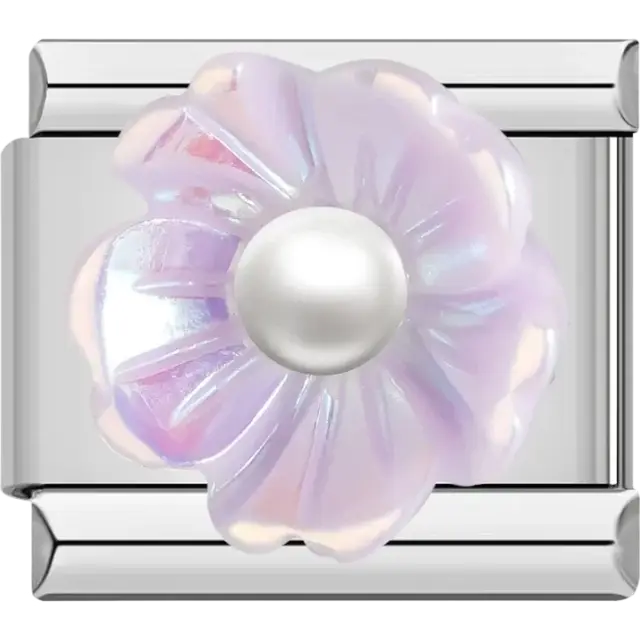 Purple iridescent flower with pearl center Italian charm bracelet link