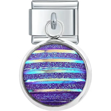 Round dangle with purple iridescent glitter and horizontal stripe pattern Italian charm bracelet link