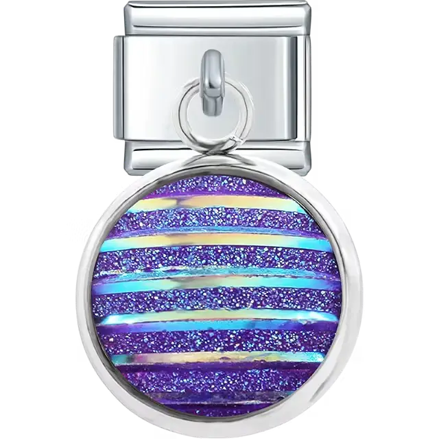 Round dangle with purple iridescent glitter and horizontal stripe pattern Italian charm bracelet link