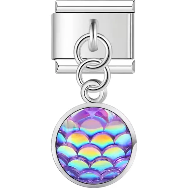 Dangle purple mermaid scale pattern with iridescent shimmer Italian charm bracelet link