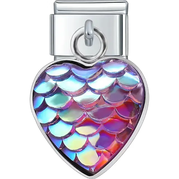 Heart-shaped purple dangle with iridescent mermaid scale pattern Italian charm bracelet link
