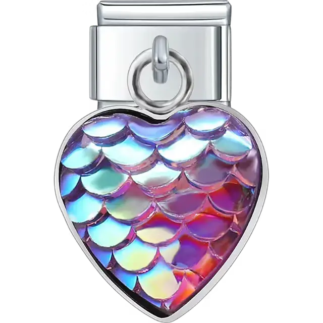 Heart-shaped purple dangle with iridescent mermaid scale pattern Italian charm bracelet link