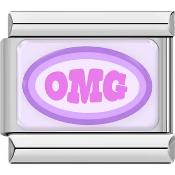 Purple "OMG" text in oval on light purple background Italian charm bracelet link