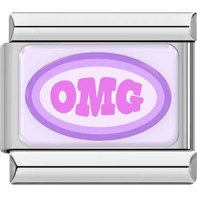 Purple "OMG" text in oval on light purple background Italian charm bracelet link